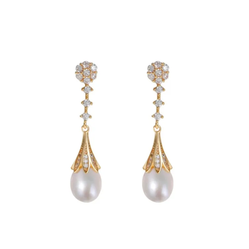 Gold plated Sterling Silver White Freshwater Pearl & Cubic Zirconia Pave Drop Earrings sold by Zulily