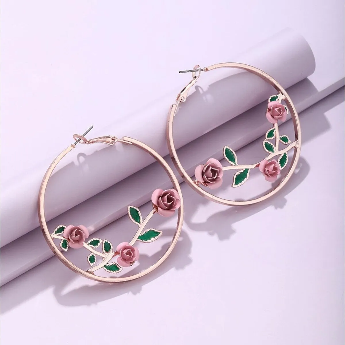 Rose Goldtone Pink Roses Hoop Earrings sold by Zulily product image thumbnail 2