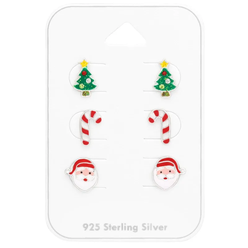 Sterling Silver Set of 3 Christmas Studs: Green Christmas Tree, Candy Cane & Santa sold by Zulily