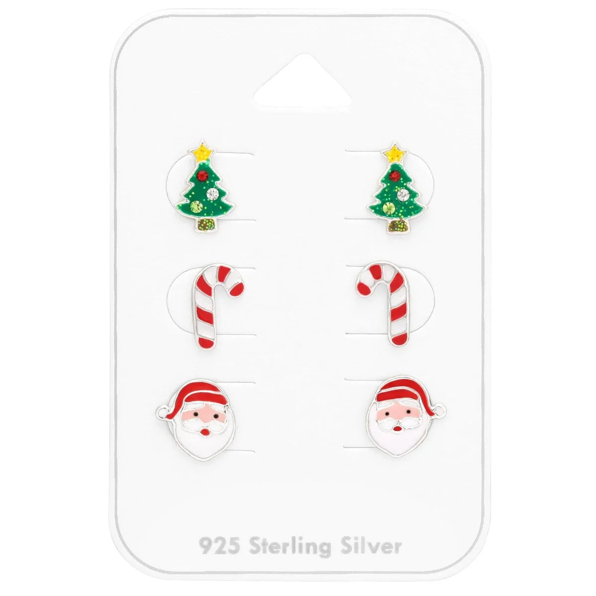Sterling Silver Set of 3 Christmas Studs: Green Christmas Tree, Candy Cane & Santa sold by Zulily
