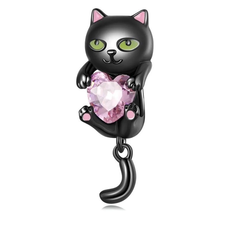 Pink Cubic Zirconia Heart & Black Sterling Silver Cat Charm sold by Zulily