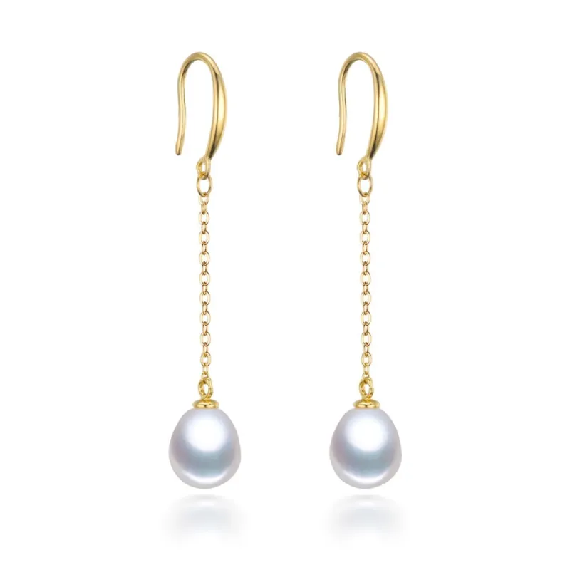 Gold Plated Sterling Silver Freshwater Pearl Chain Drop Earrings sold by Zulily