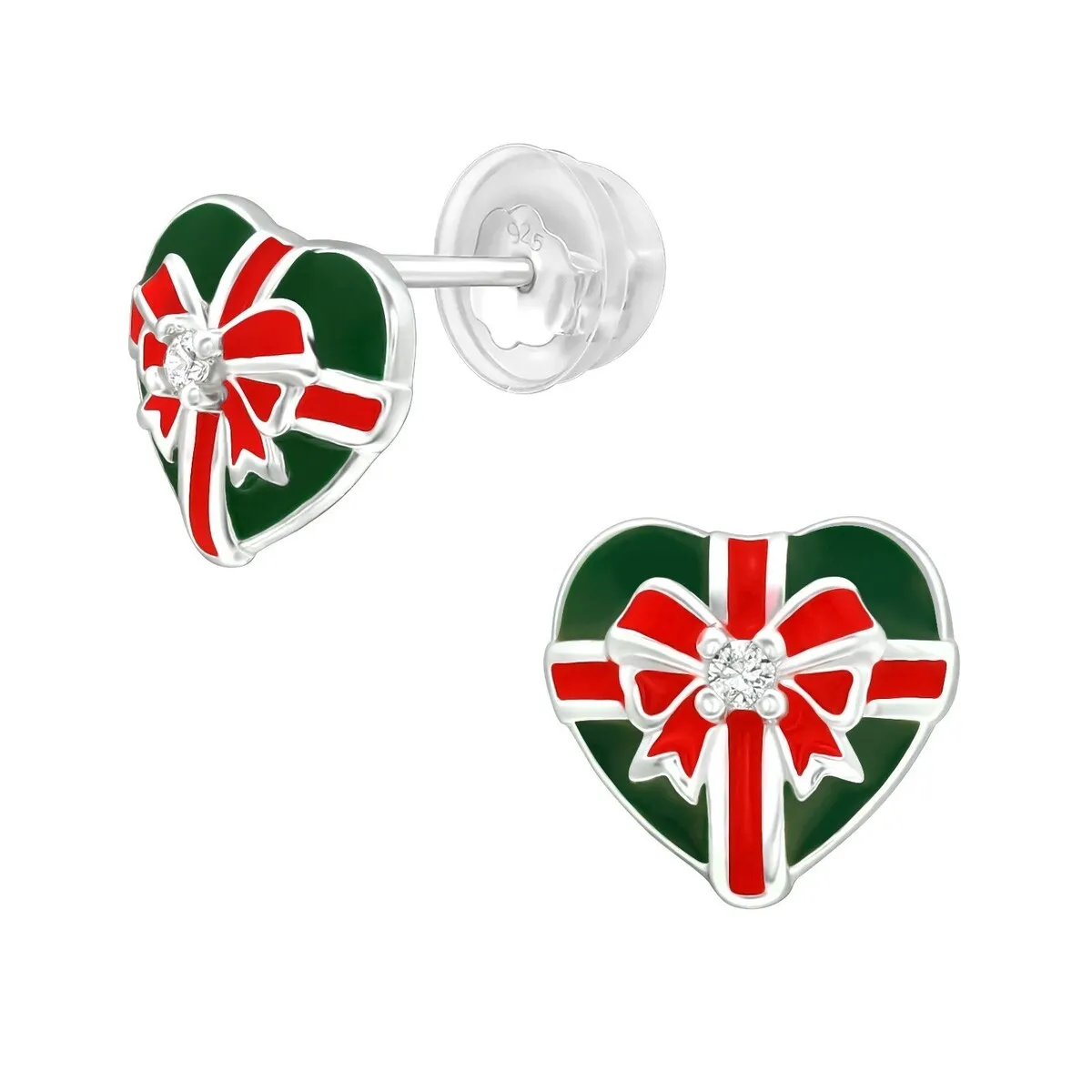 Sterling Silver Green & Red Wrapped Present Heart with CZ Dainty Stud Earrings sold by Zulily