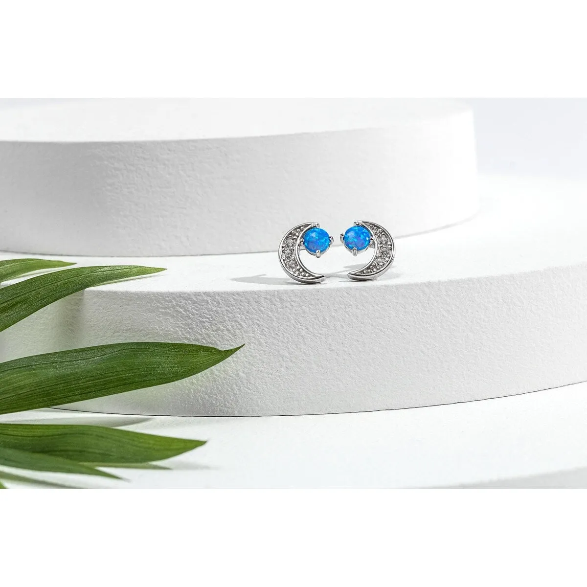 Sterling Silver Crescent Moon & Blue Round Lab-Created Opal Stud Earrings sold by Zulily product image thumbnail 2