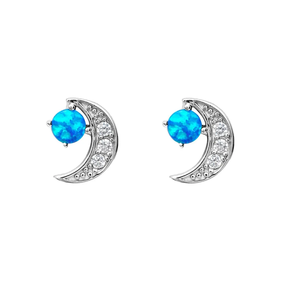 Sterling Silver Crescent Moon & Blue Round Lab-Created Opal Stud Earrings sold by Zulily