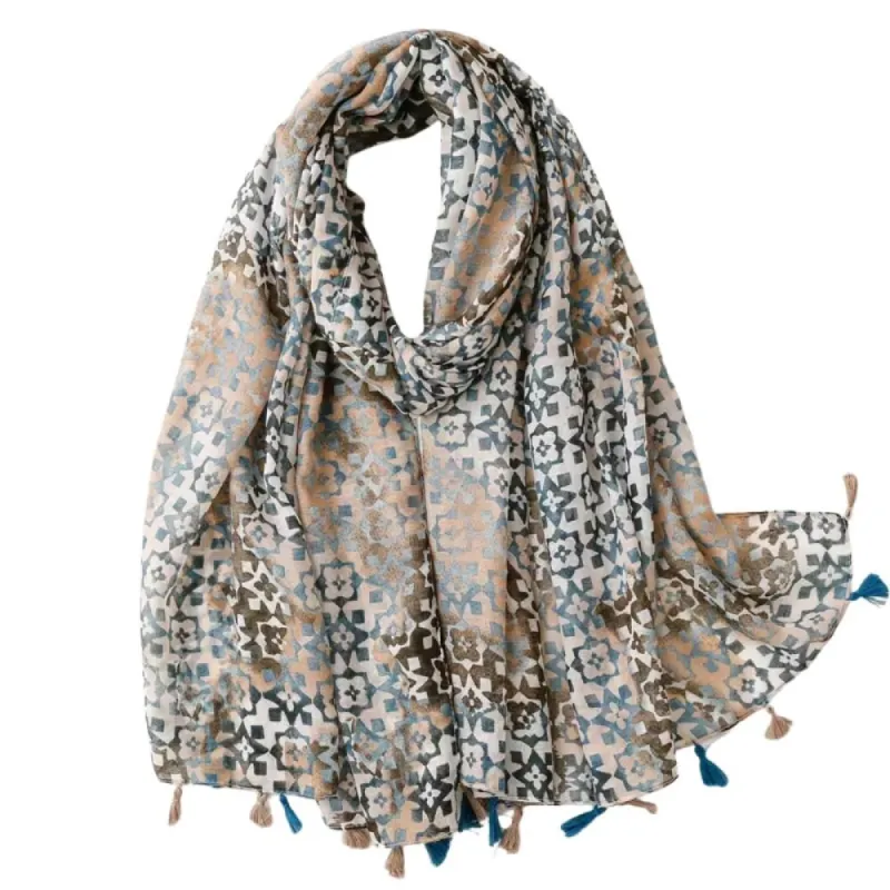 Blue and Beige Ornate Patterned Chiffon Scarf sold by Zulily