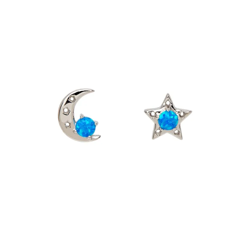 Sterling Silver Asymmetrical Moon & Star Stud Earrings with Blue Lab-Created Opal sold by Zulily