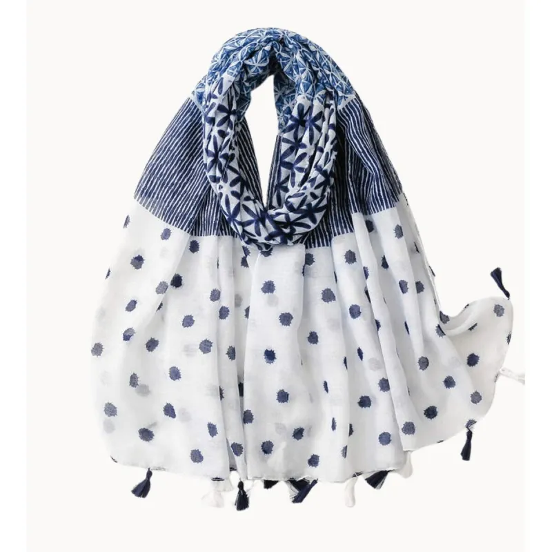 Geometric and Navy Dot Scarf with Tassels sold by Zulily