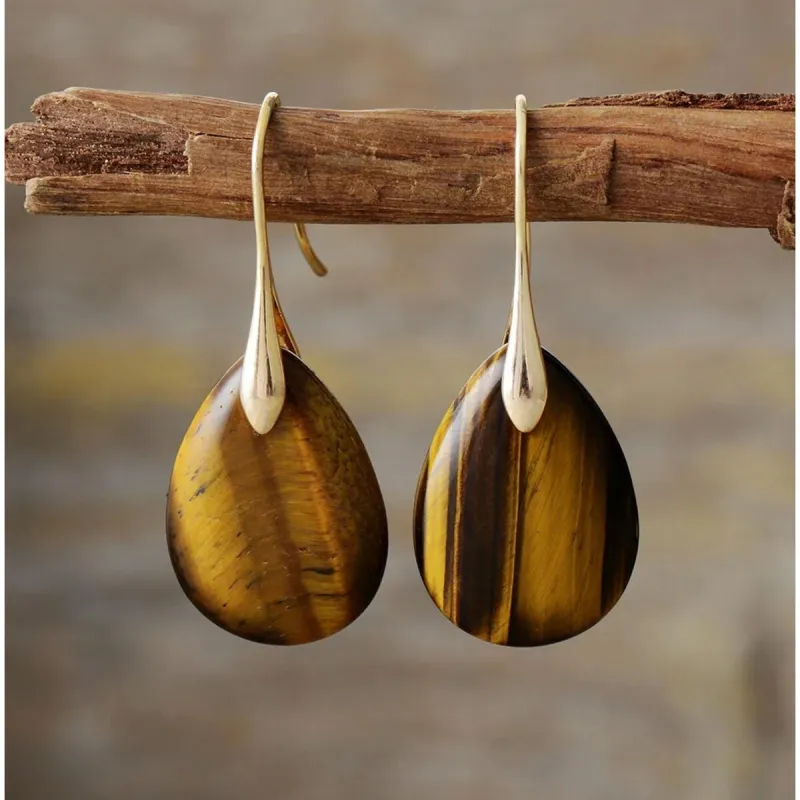 Goldtone & Teardrop Tiger's Eye Gemstone Drop Earrings sold by Zulily