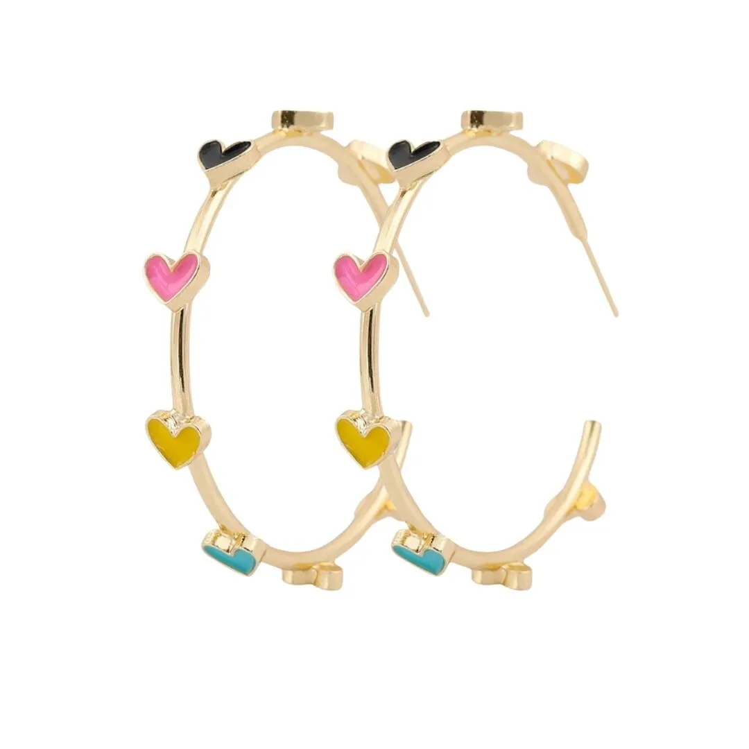 Goldtone & Multi Coloured Heart Hoop Earrings sold by Zulily