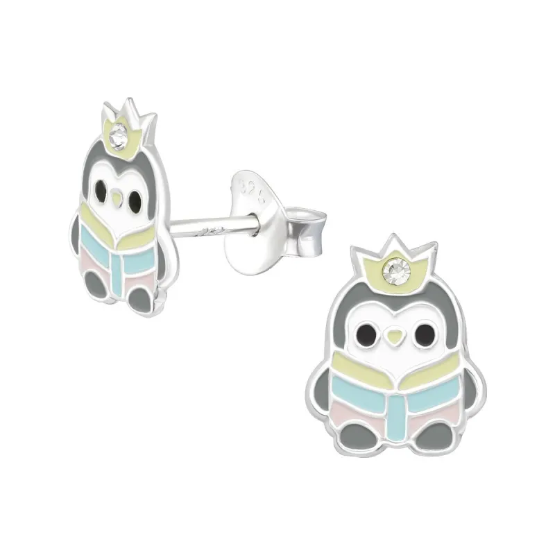 Sterling Silver Crowned Penguin Reader Stud Earrings with Cubic Zirconia sold by Zulily
