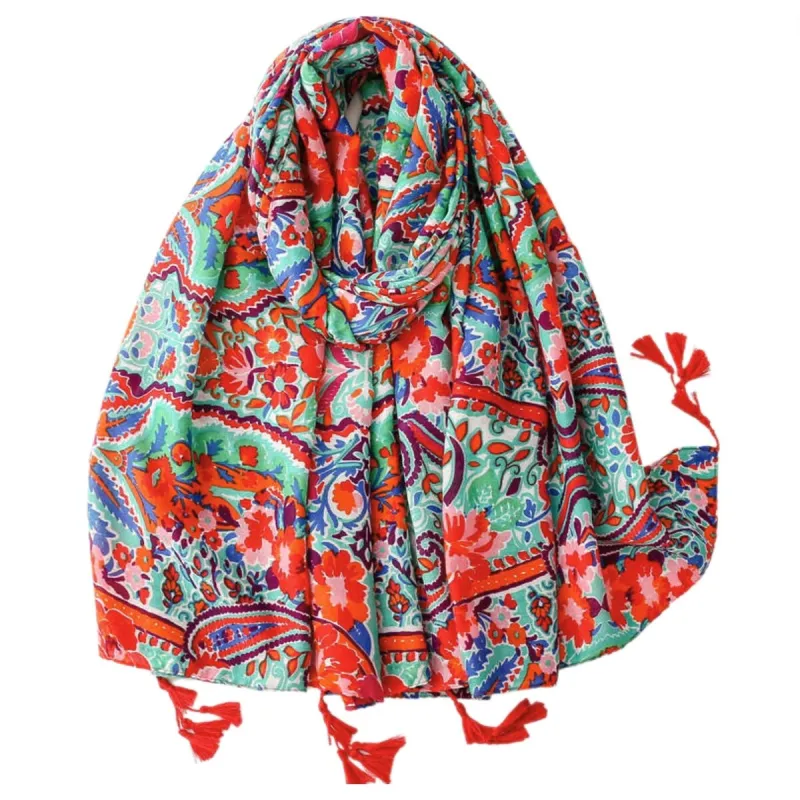 Festive Floral Red and Mint Scarf with Tassels sold by Zulily