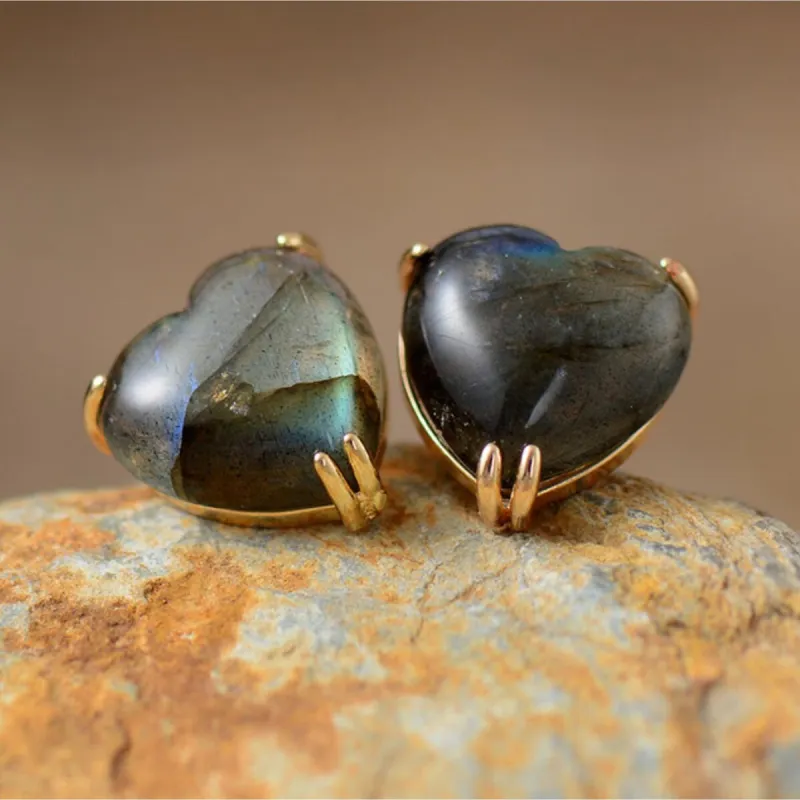 Labradorite & Goldtone Heart Prong Set Stud Earrings sold by Zulily