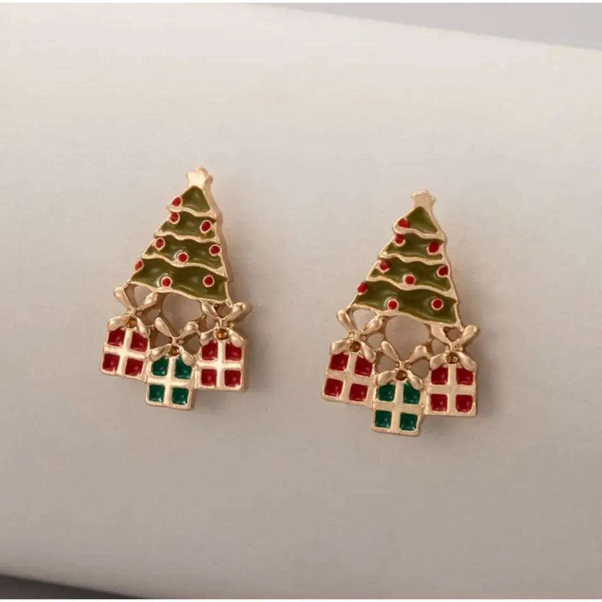 Goldtone Red & Green Presents under the Christmas Tree Stud Earrings sold by Zulily