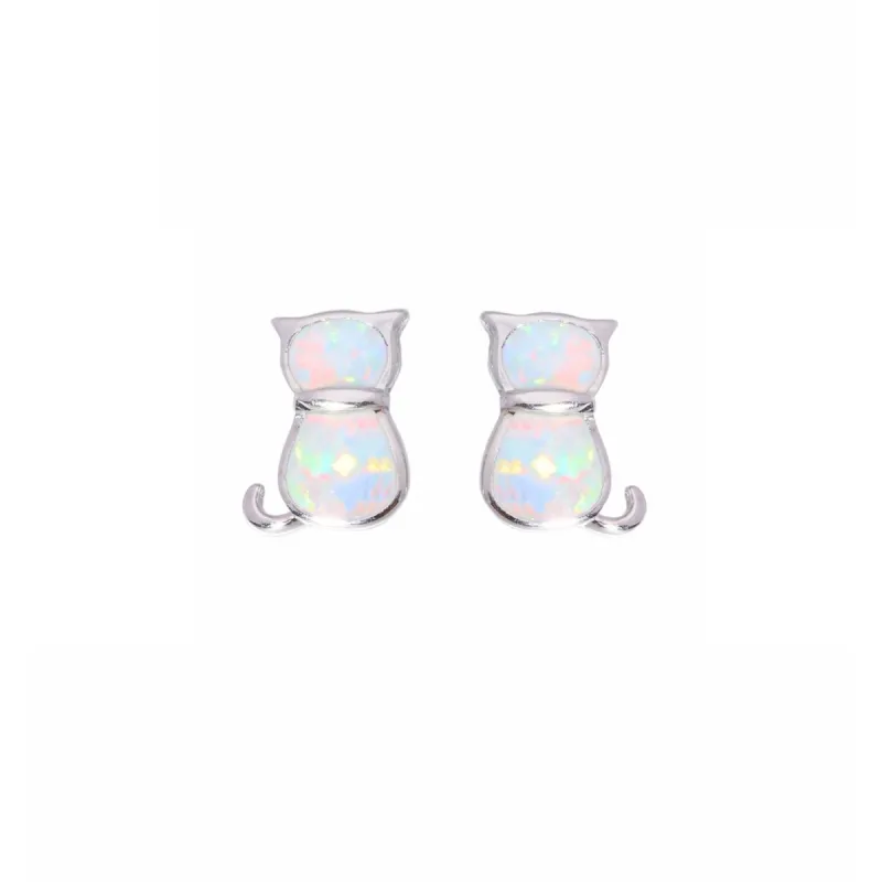 Sterling Silver White Lab Opal Cat Stud Earrings sold by Zulily