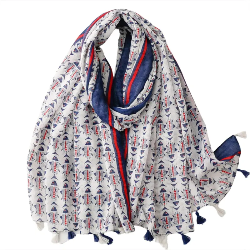 Navy and Red Scandinavian Fish Scarf with Tassels made by Zulily