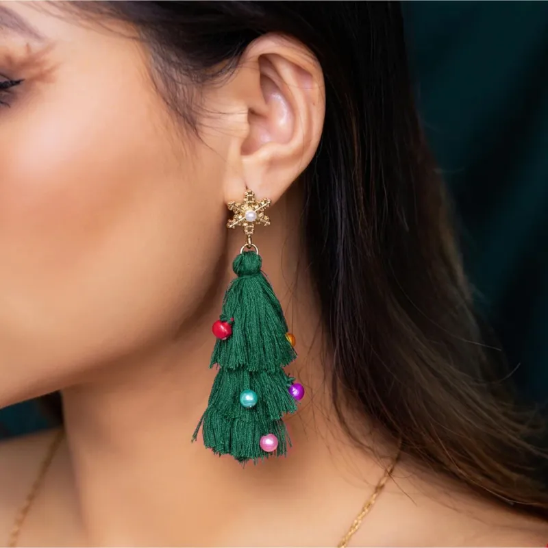 Green Tasseled Christmas Tree With Ornaments Drop Earrings sold by Zulily
