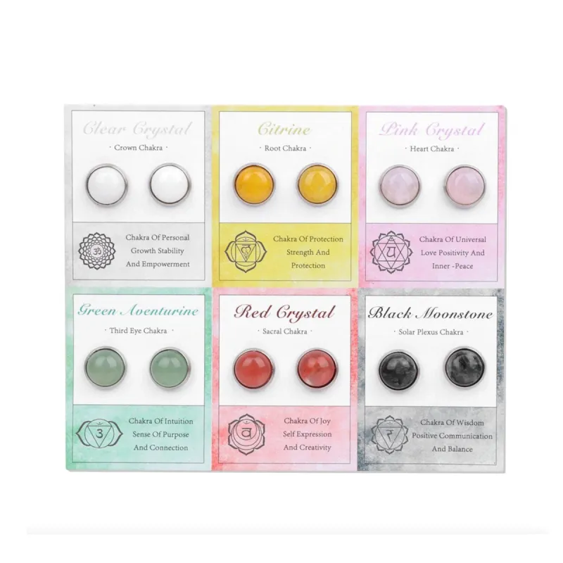 Gemstone Set of 6 Circular Stud Earrings: White, Citrine, Pink, Aventurine, Red & Black Moonstone sold by Zulily