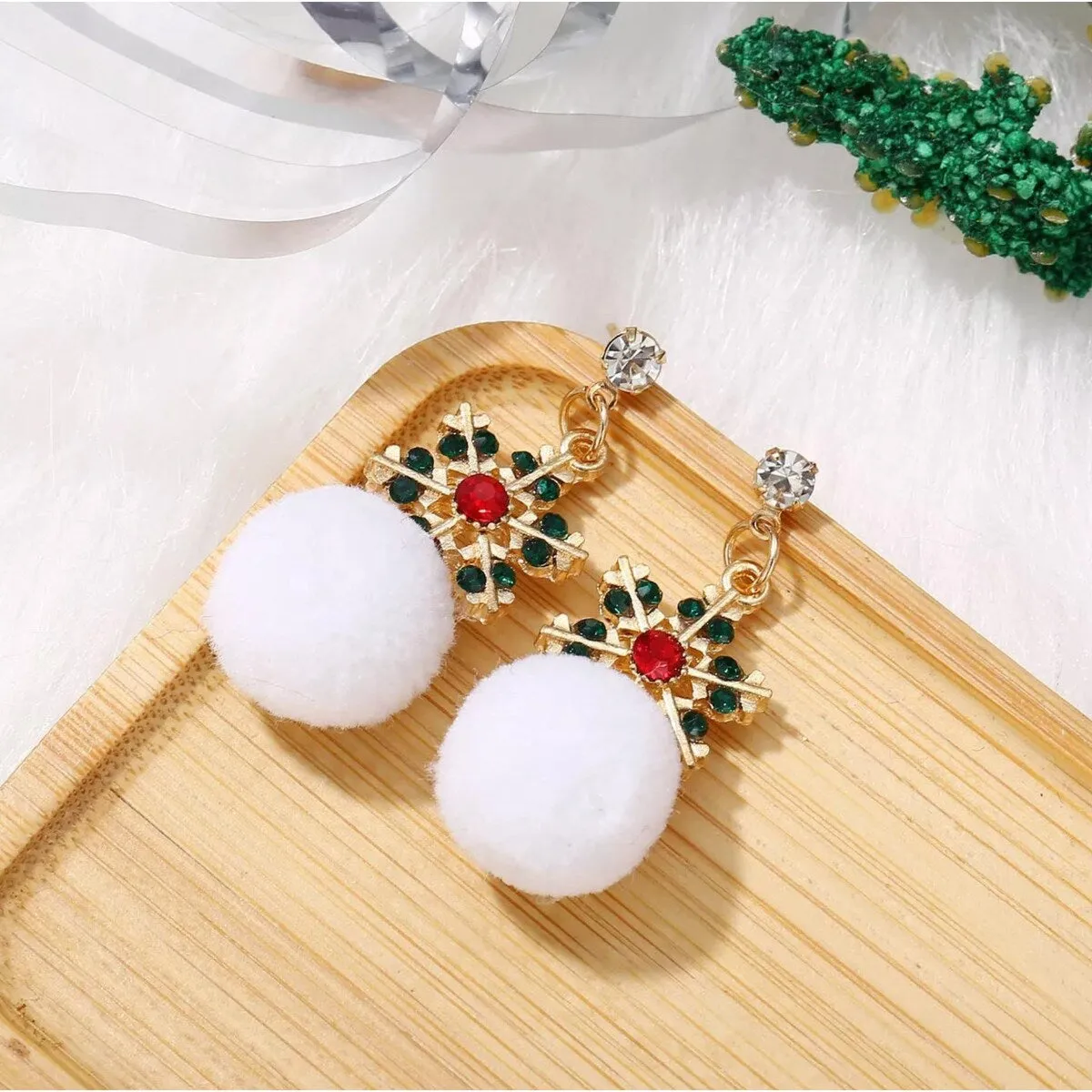 Red & Green Crystal Snowflake Drop Earrings With White Pom Pom sold by Zulily product image thumbnail 3