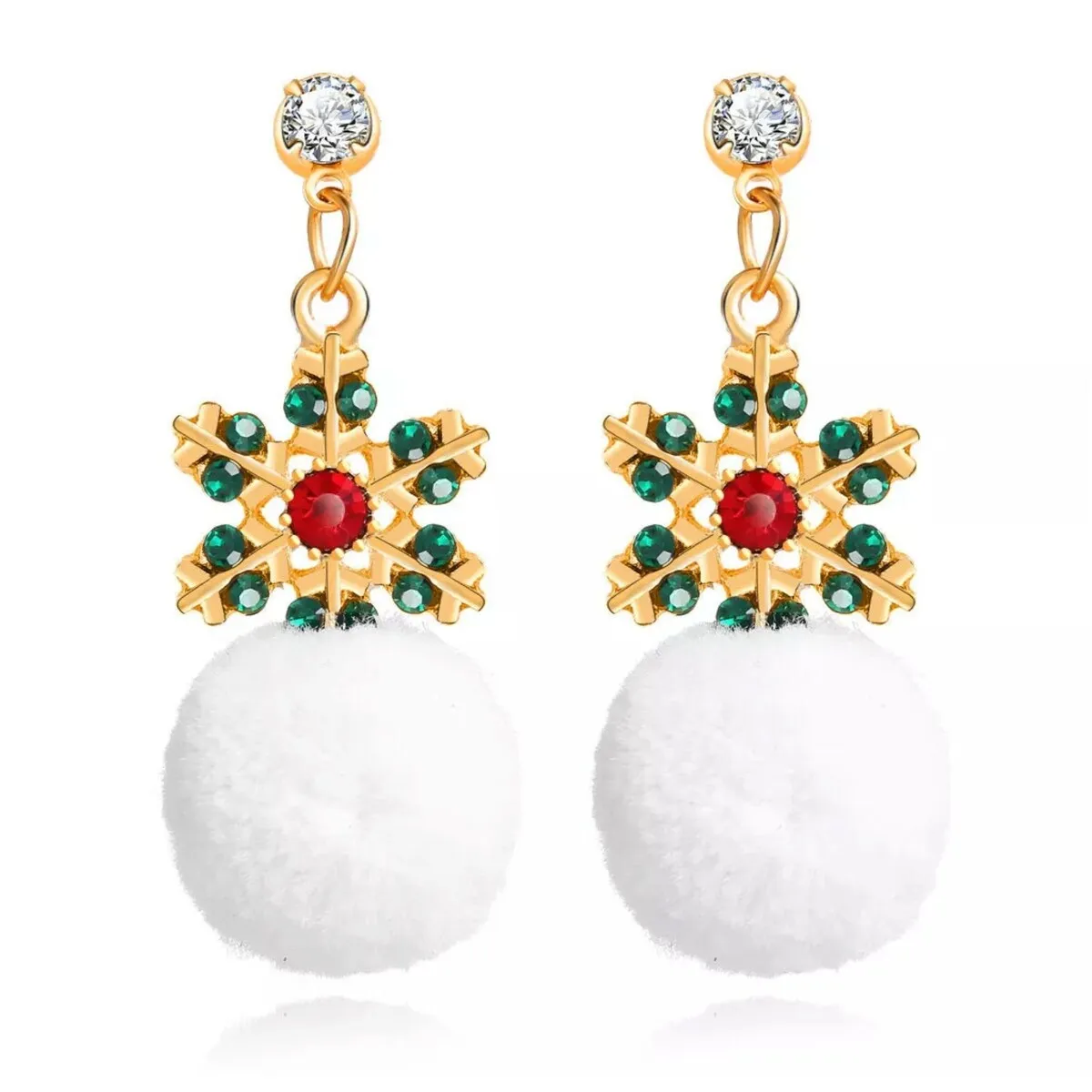 Red & Green Crystal Snowflake Drop Earrings With White Pom Pom sold by Zulily