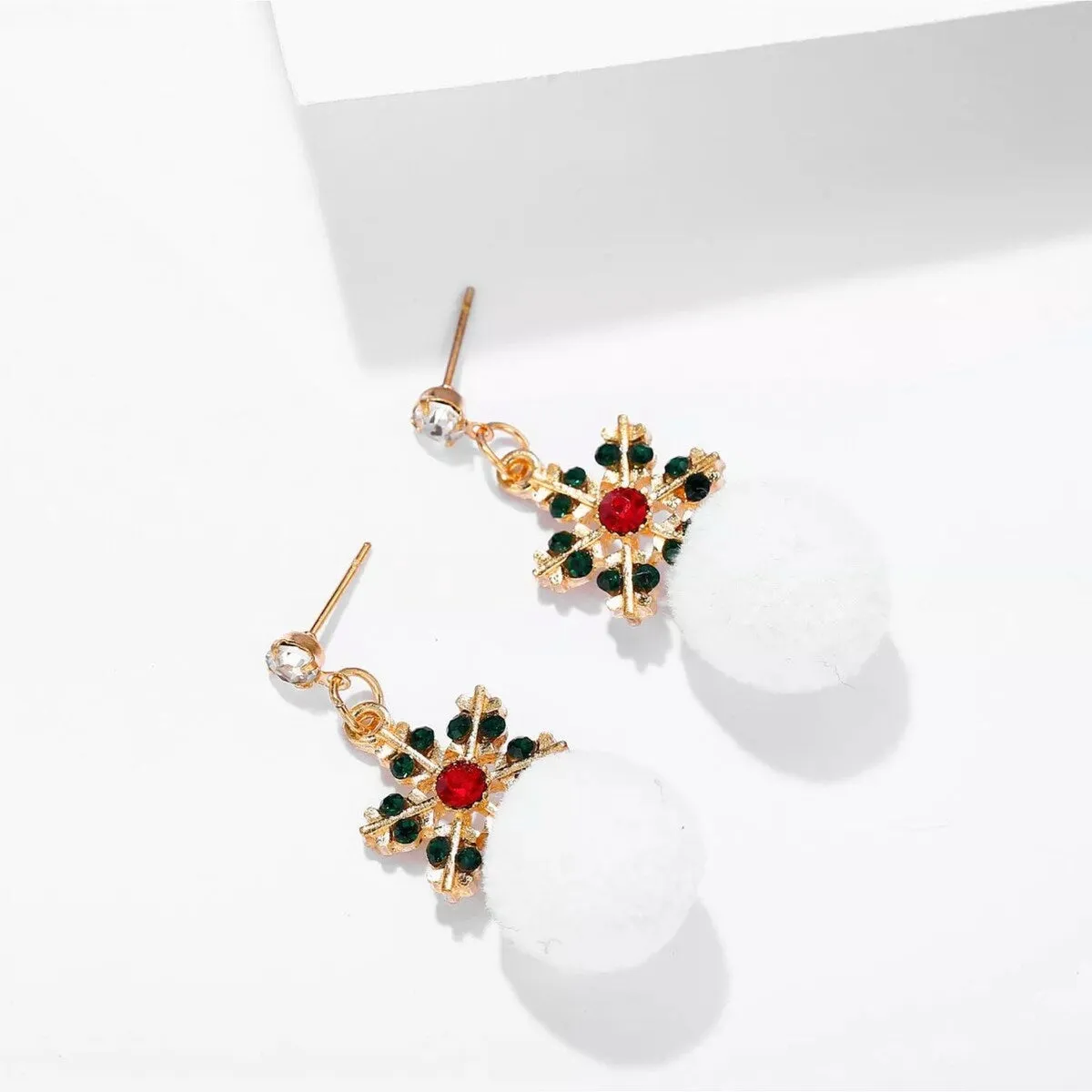Red & Green Crystal Snowflake Drop Earrings With White Pom Pom sold by Zulily product image thumbnail 2