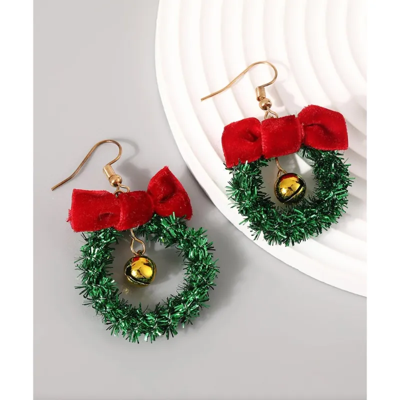 Green Wreath With Red Bow Drop Earrings sold by Zulily