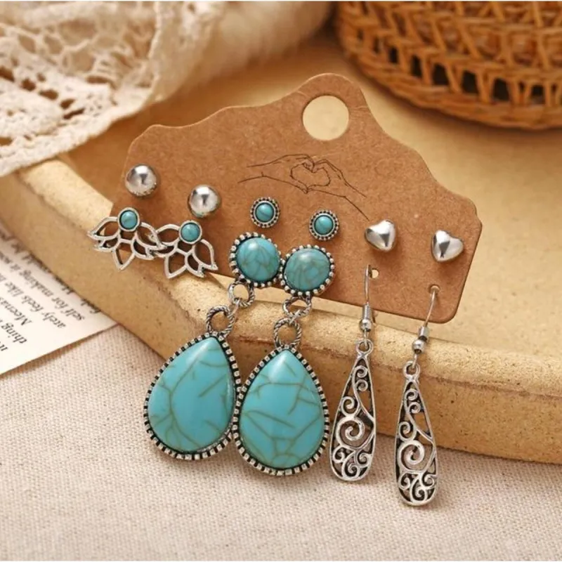 Silvertone & Turquoise Boho Drop And Stud Earring Set sold by Zulily
