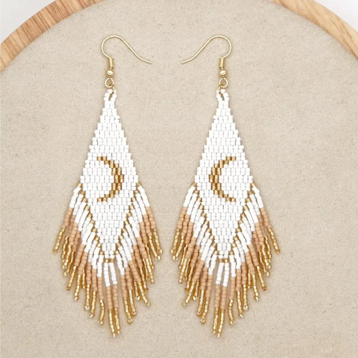 Goldtone & White Tasseled Miyuki Seed Bead Crescent Moon Earrings sold by Zulily