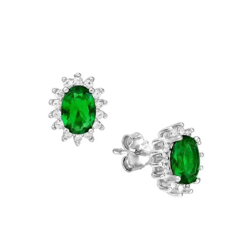 CZ Simulated Emerald Oval Halo Stud Earrings - 925 Sterling Silver - Ag Sterling sold by Zulily