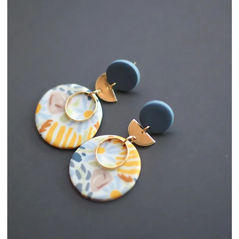 Yellow & Navy Multi Colored Floral Circular Drop Earrings sold by Zulily