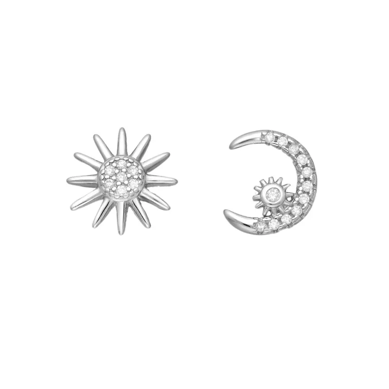 Sterling Silver Cubic Zirconia Sun And Moon Asymmetrical Stud Earrings sold by Zulily