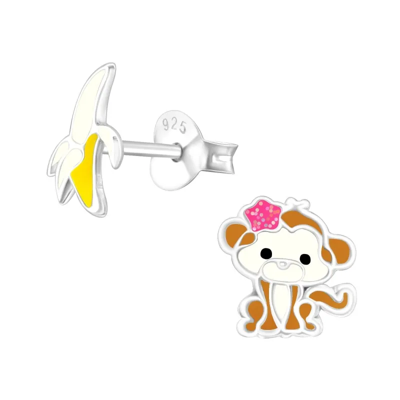 Sterling Silver Asymmetrical Monkey & Banana Stud Earrings sold by Zulily