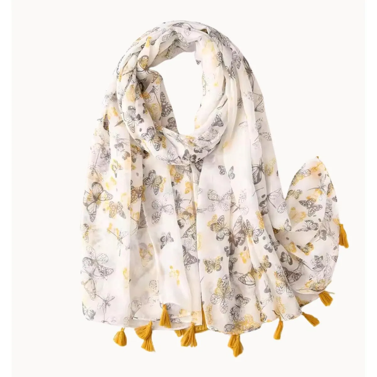 Grey and Yellow Butterfly Scarf with Tassels sold by Zulily