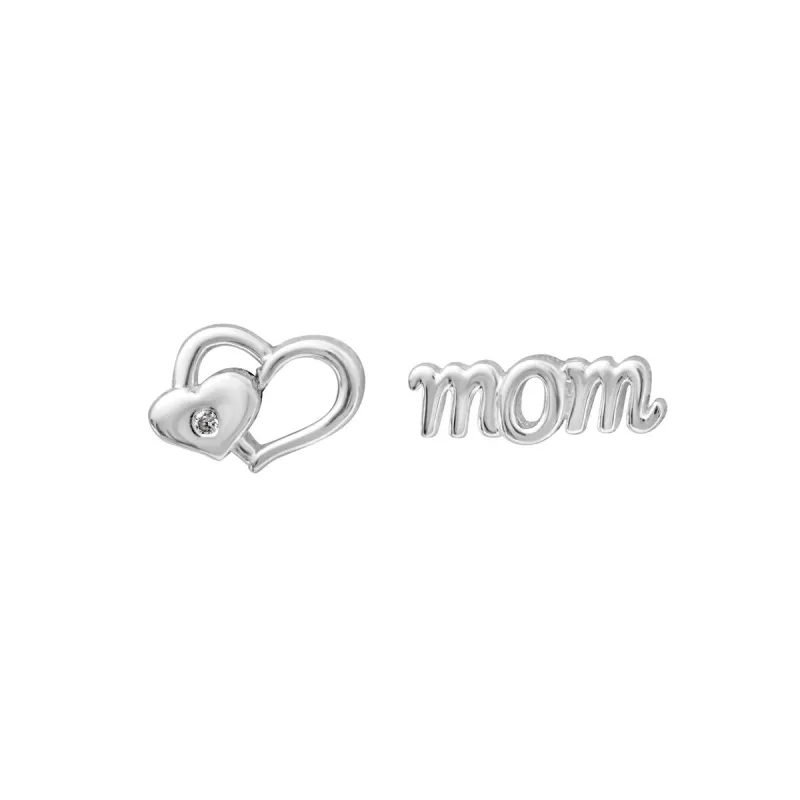 Sterling Silver Asymmetrical Heart And Mom Stud Earrings sold by Zulily