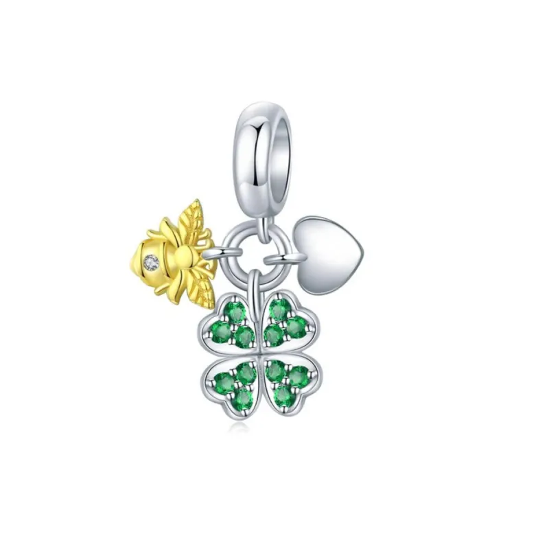 Sterling Silver Green Cubic Zirconia Clover Yellow Bee Dangling Charm sold by Zulily