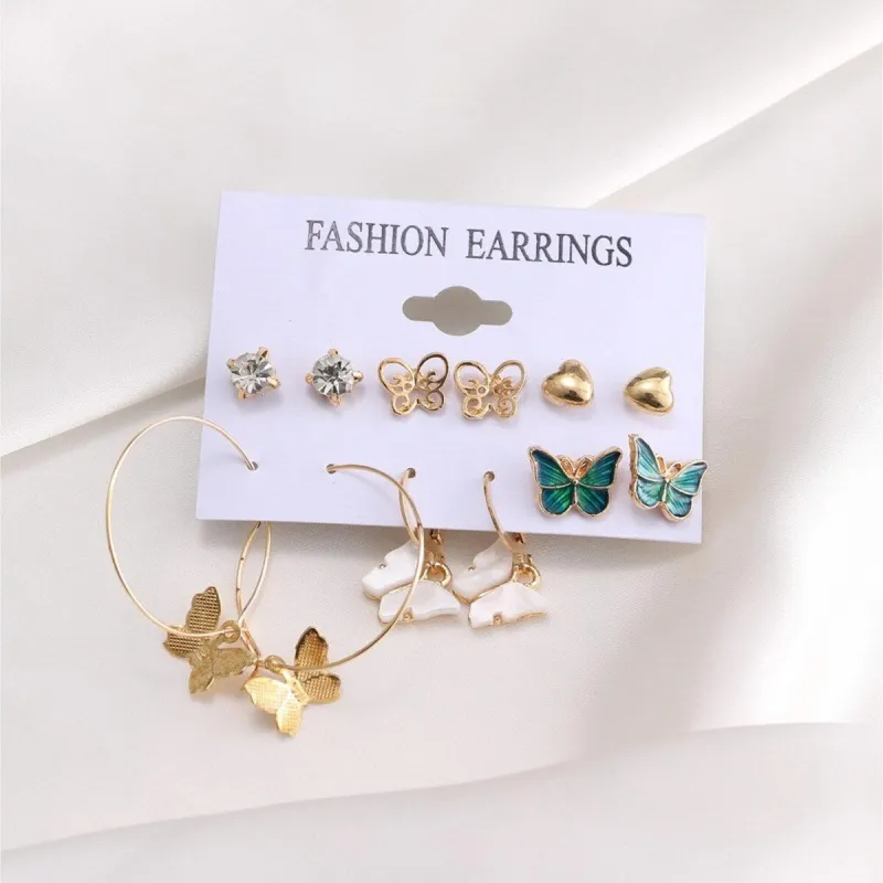 Goldtone & Green Butterfly Set Of 6 Stud And Drop Earrings sold by Zulily