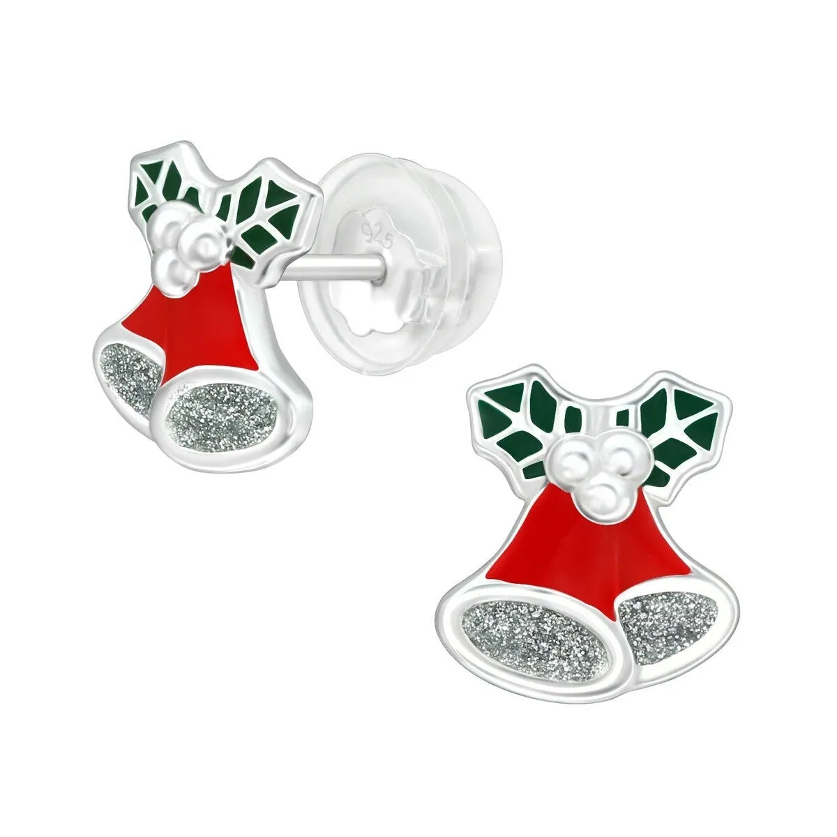 Sterling Silver Red & Green Glittering Christmas Bells Dainty Stud Earrings sold by Zulily