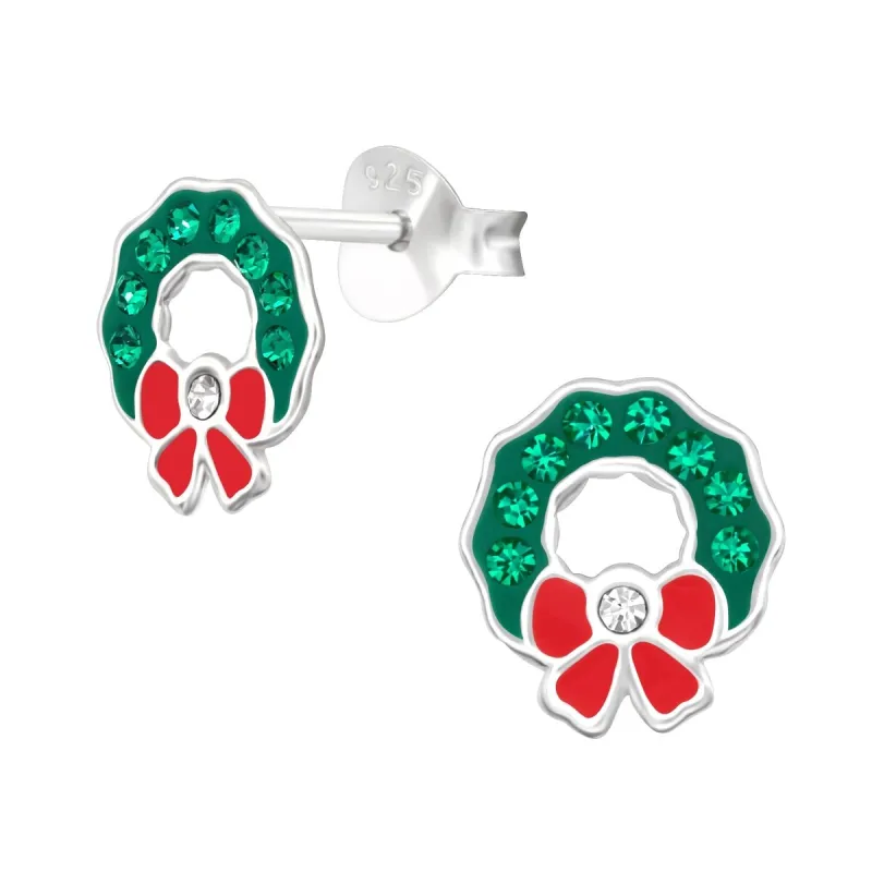 Sterling Silver Green CZ Wreath with Red Bow Dainty Stud Earrings sold by Zulily