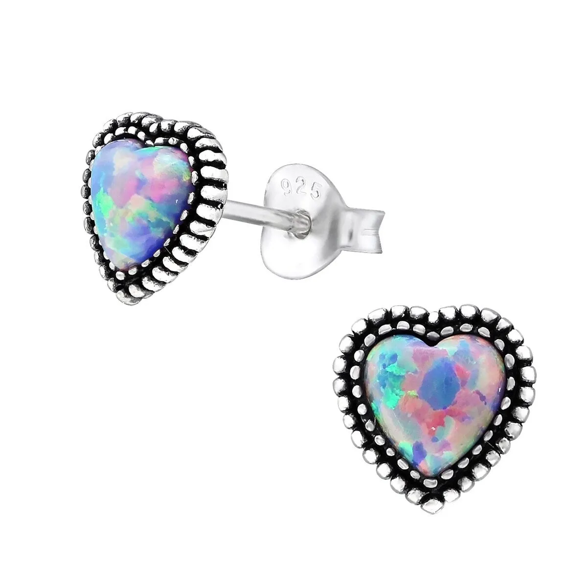Sterling Silver Heart Stud Earrings with Multi-coloured Lab-Create Opal sold by Zulily