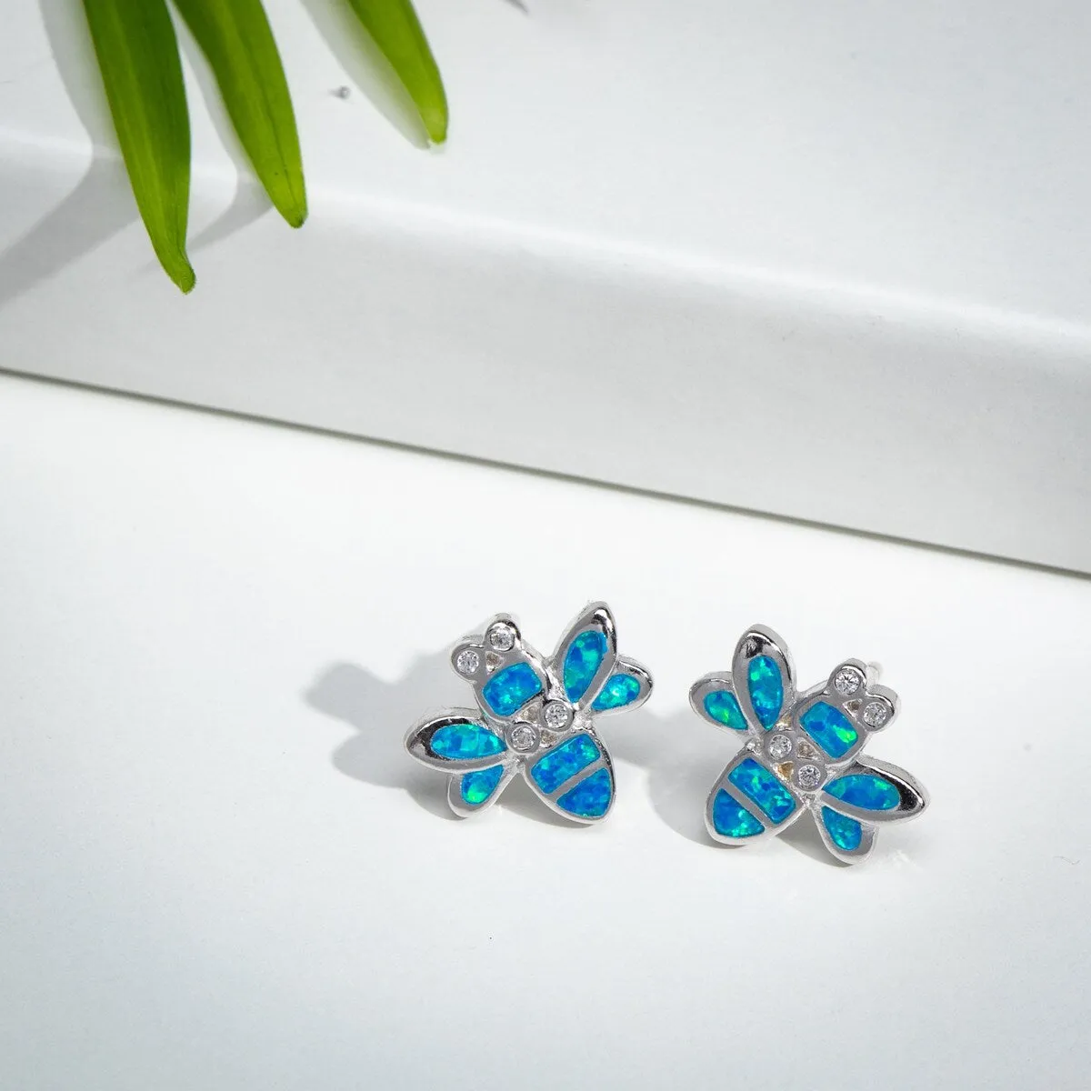 Sterling Silver & Cubic Zirconia Bee Stud Earrings with Blue Lab-Created Opal sold by Zulily