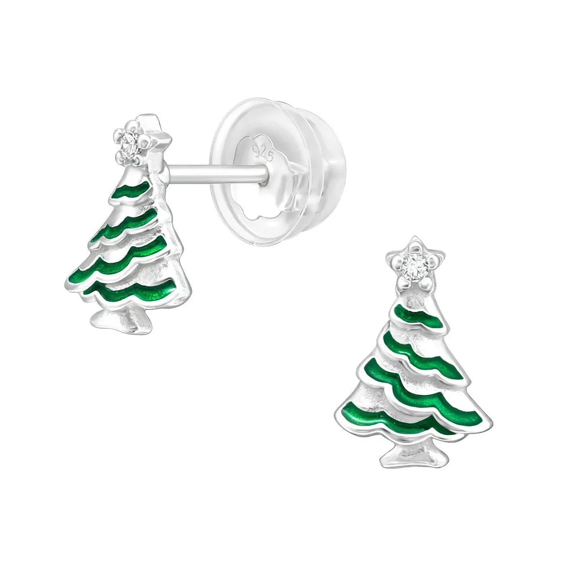 Sterling Silver Green Squiggled Christmas Tree & CZ Dainty Stud Earrings sold by Zulily