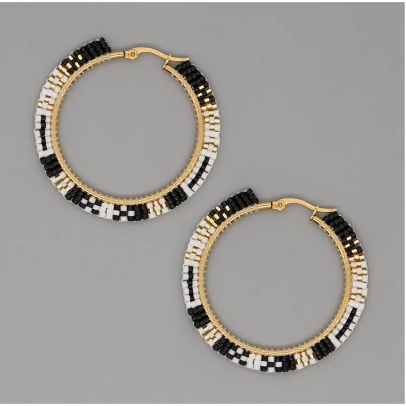 Black White Goldtone Miyuki Seed Bead Hoop Earrings sold by Zulily