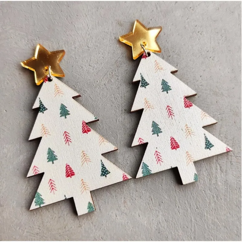 White Patterned Christmas Tree & Gold Star Drop Earrings sold by Zulily