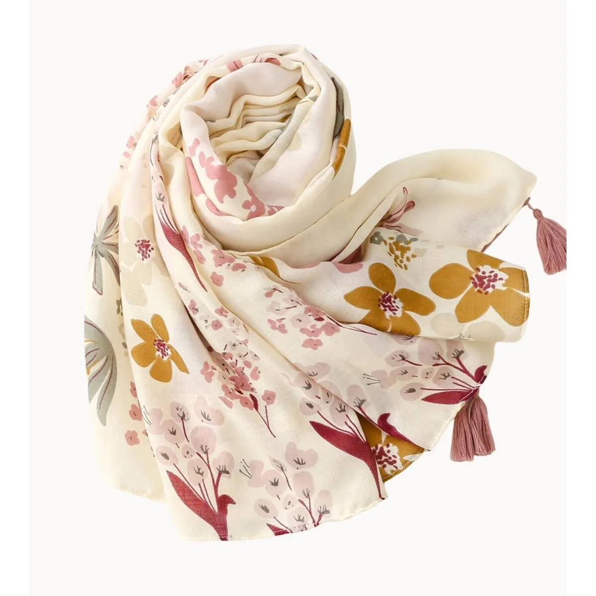 Ivory and Dusty Rose Vintage Floral Scarf with Tassel sold by Zulily product image thumbnail 2