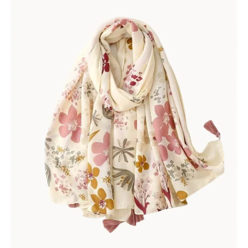 Ivory and Dusty Rose Vintage Floral Scarf with Tassel sold by Zulily