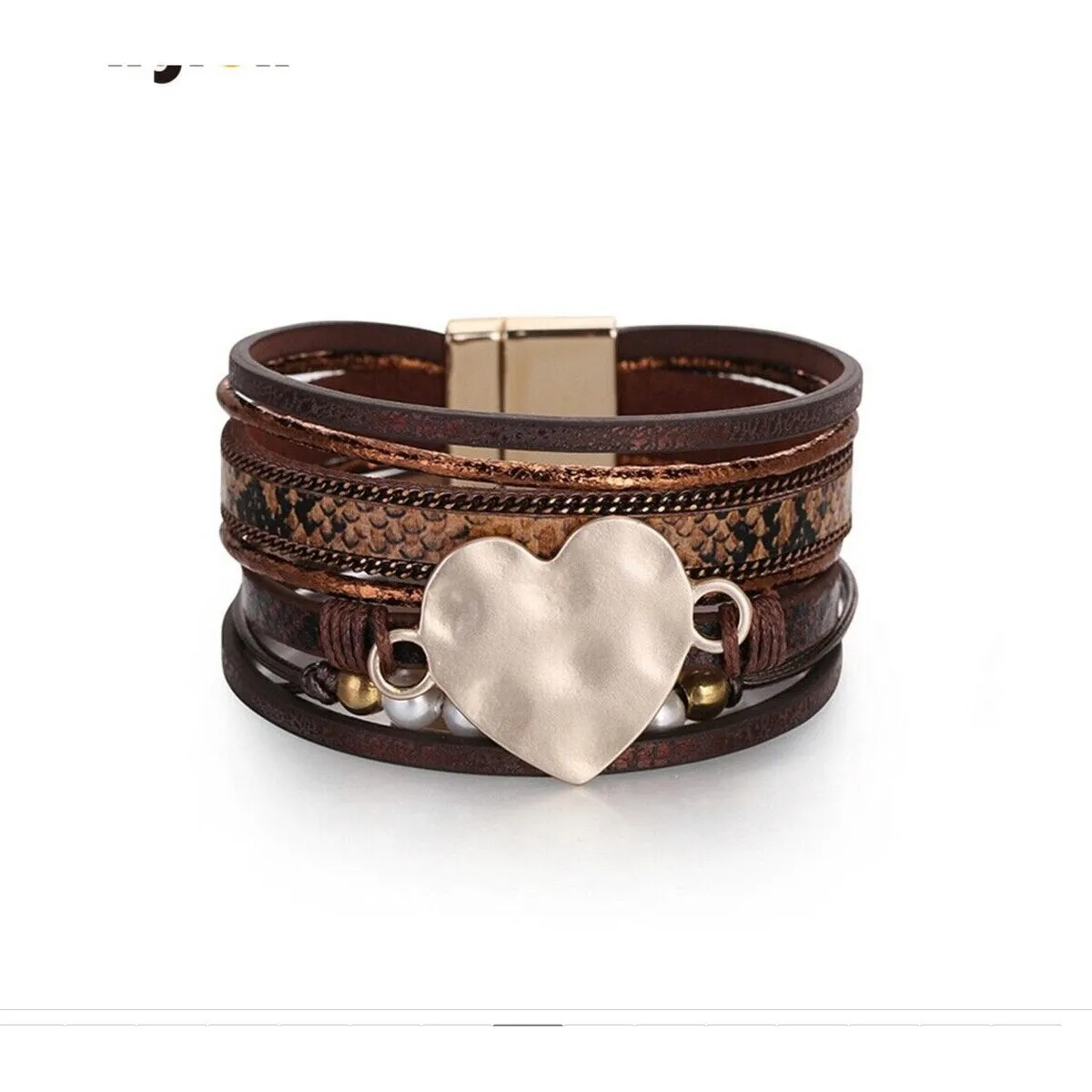 Brown Faux Leather & Hammered Heart Multi-strand Bracelet sold by Zulily