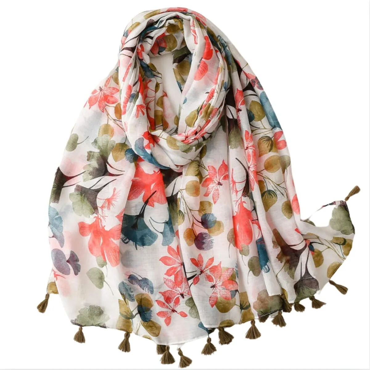 Lily and Ginkgo Scarf with Tassels in Coral and Green sold by Zulily