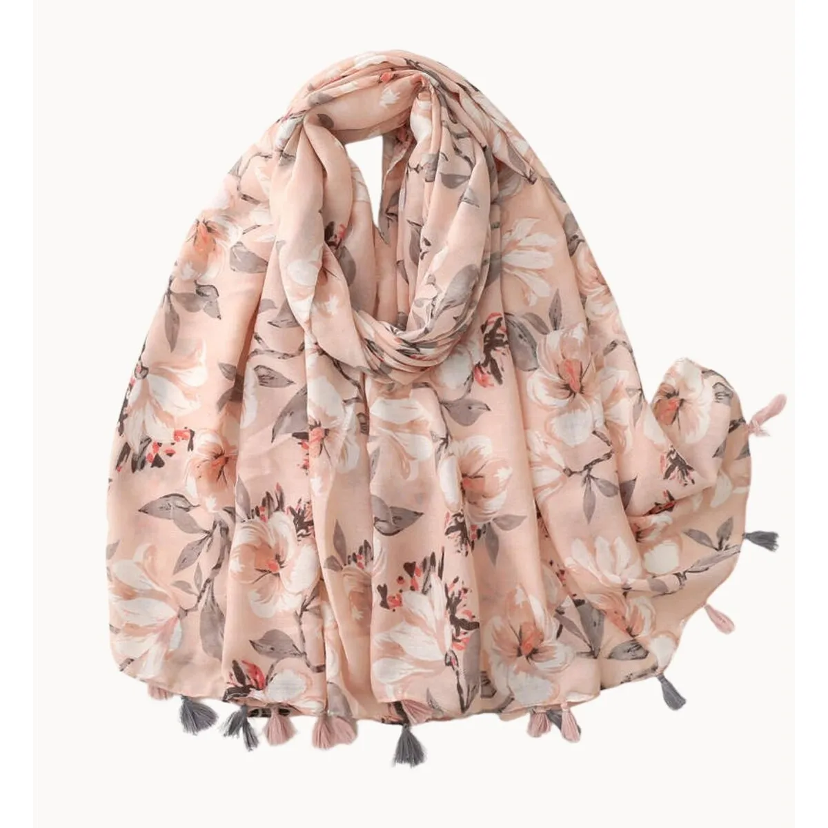 Rose and Grey Blossom Scarf with Tassels sold by Zulily