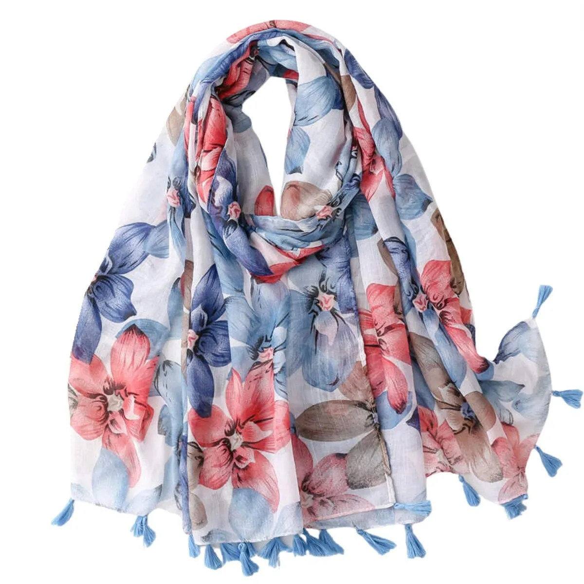 Floral Botanical Scarf with Tassels in Blue and Red sold by Zulily