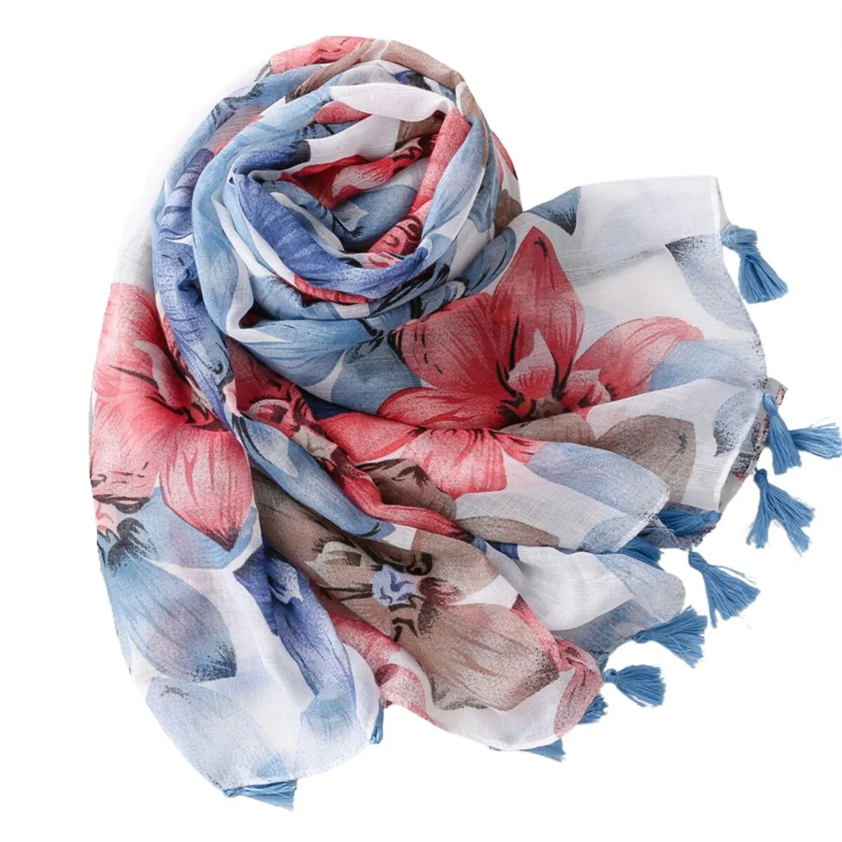 Floral Botanical Scarf with Tassels in Blue and Red sold by Zulily product image thumbnail 2